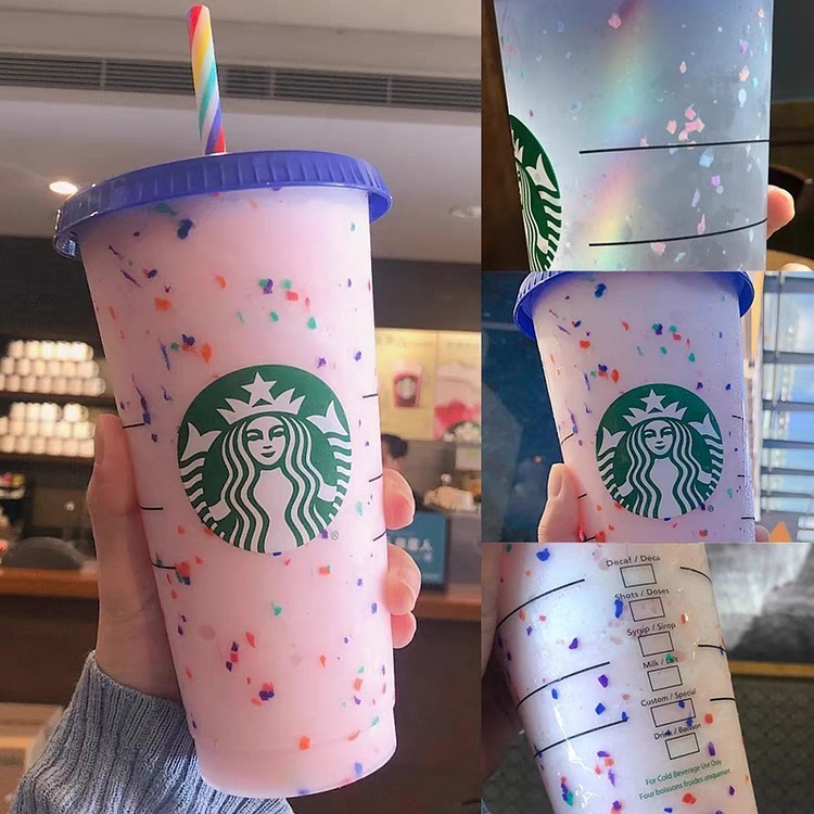 Starbucks Confetti Cup Reusable Color Changing Rainbow Cup Cold Cup with Straw