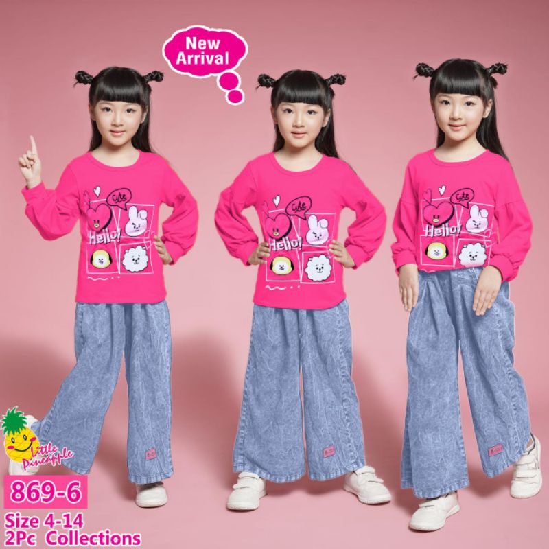 Little Pineapple set 869 baju setelan kulot anak perempuan celana panjang jeans kaos lengan panjang 