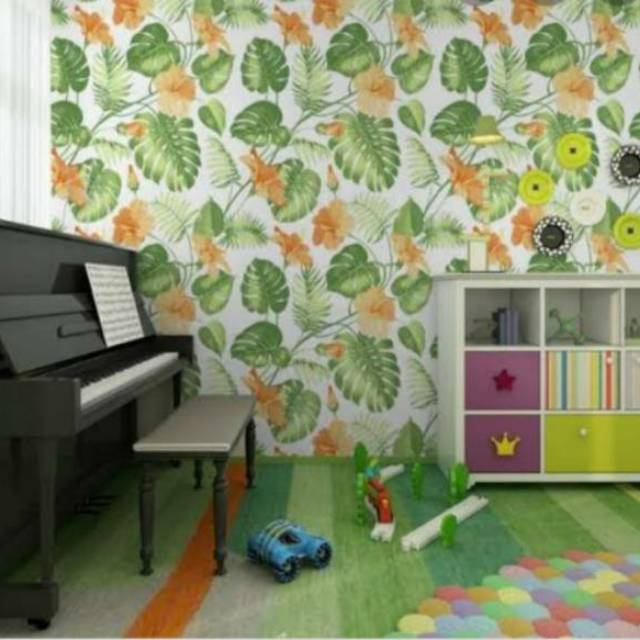  WALLPAPER  DINDING  MOTIF  MONSTERA HIJAU  BUNGA  ORANGE 45cm x 