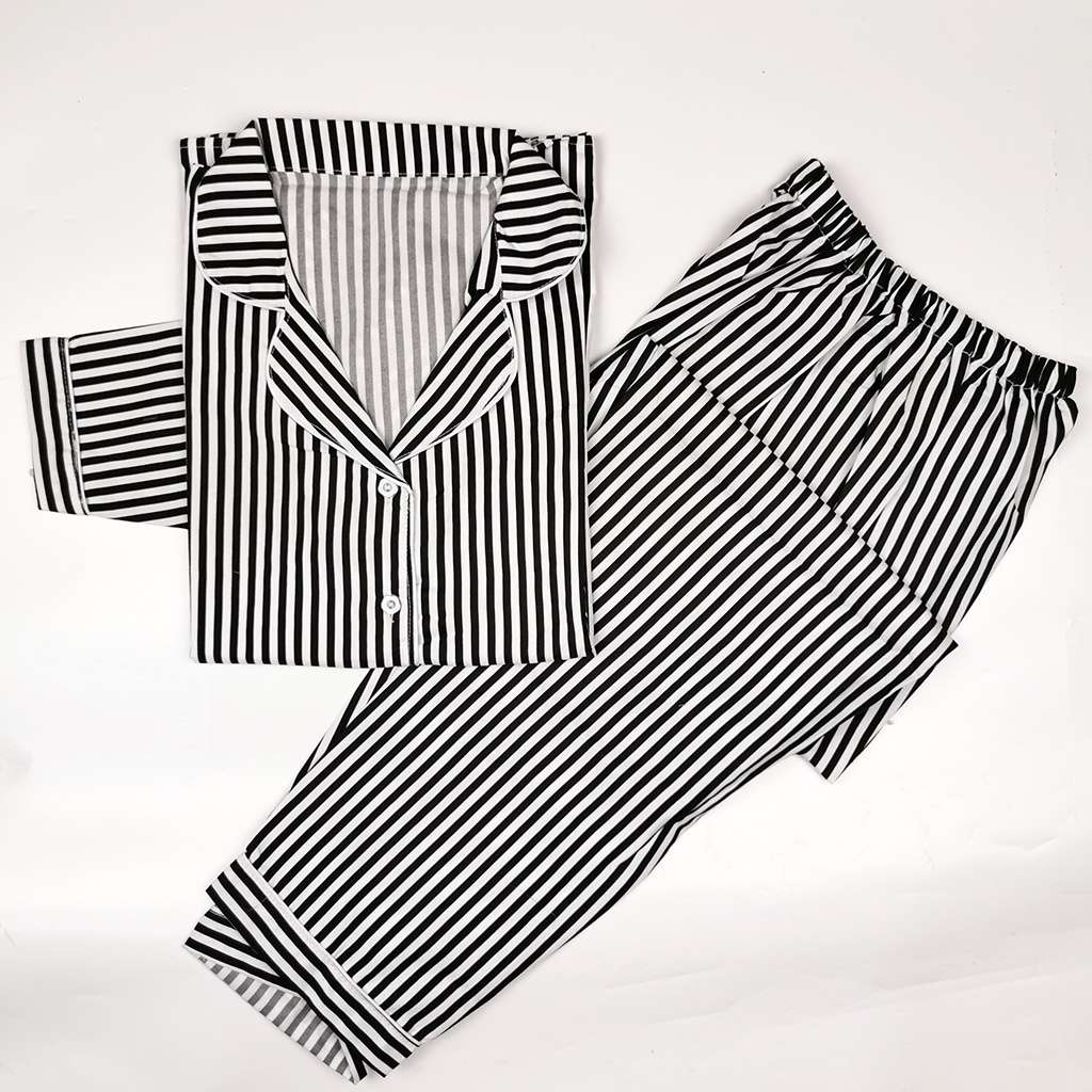 Stelan Baju Tidur Piyama Dewasa Lengan Panjang All Size Motif Lumina-PPL SALUR BLACK