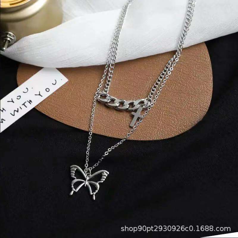 Ins butterfly twin kalung wanita populer Net Merah keren hip hop rasa desain kalung serbaguna musim