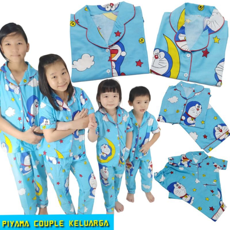 Baju Tidur Couple KUCING robot Lonceng Biru / Piyama katun karakter / Anak Cowok Cewek