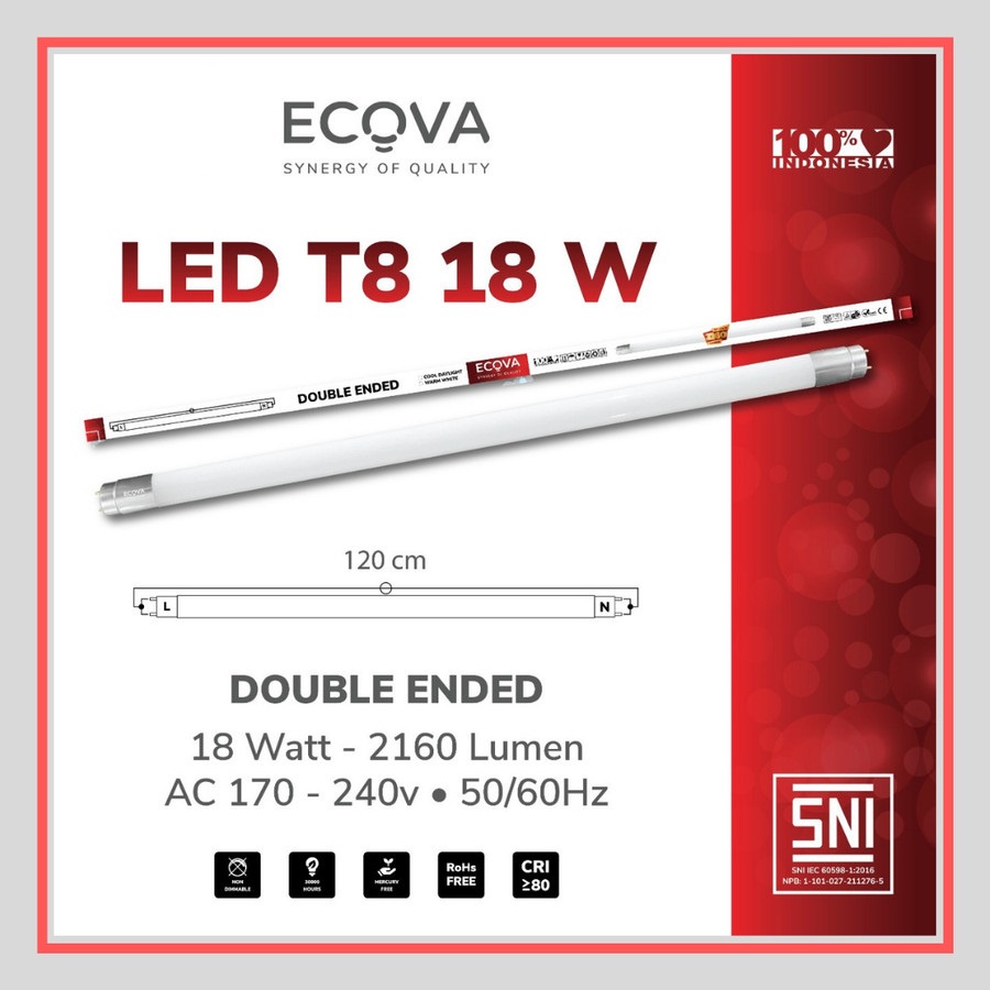 Lampu TL T8 LED 18 Watt Putih/Warm - Panjang 120cm ECOVA