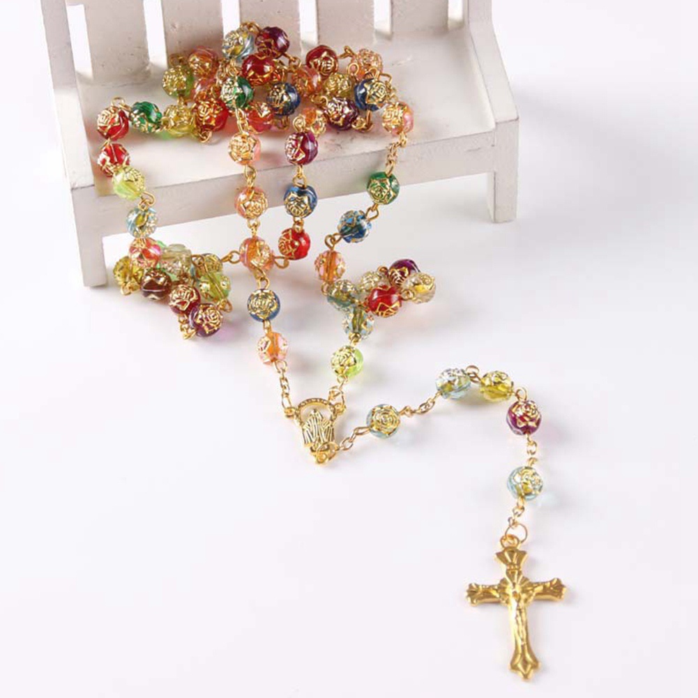Fancyqube Kalung Rosario Katolik Liontin Salib Warna Rose Gold