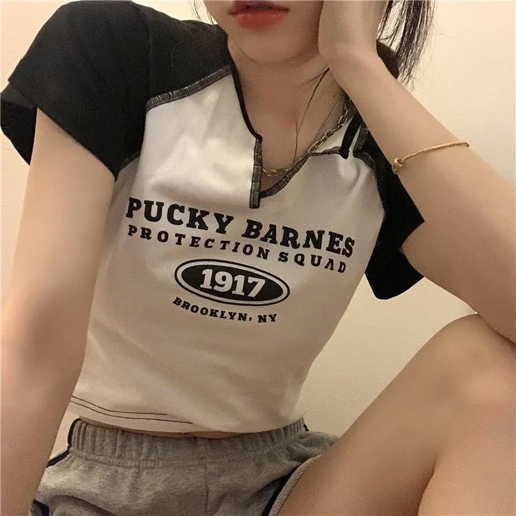 pro 2022 manis dan keren hot girl dicetak T-shirt wanita musim panas slim fit all-match tipis V-neck