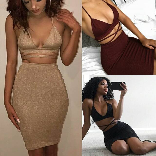 MISSUFE HALTER V neck Crop Top Two Piece Set