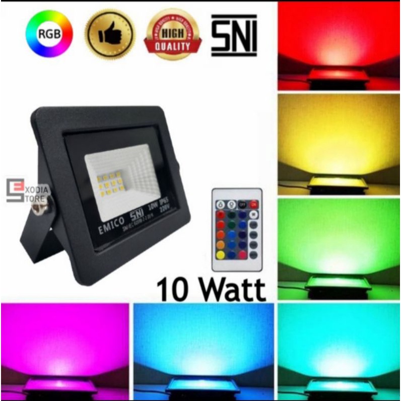 LAMPU LED SOROT 10 WATT FLOOD LAMPU TEMBAK RGB WARNA WARNI EMICO 10w RGB REMOTE