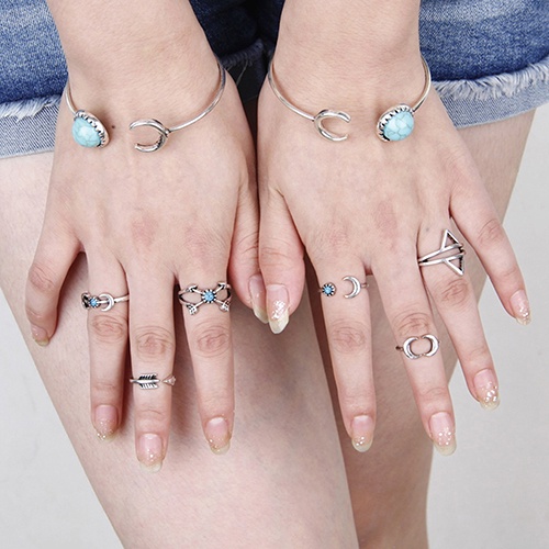 Hu Hu Hu Hu Hu Alat Bantu Pasang Kacamata♡ 6pcs Cincin Buku Jari Aneka Bentuk Warna Silver Untuk Wanita