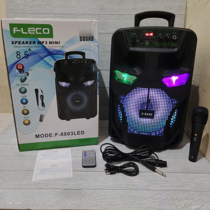 Speaker Bluetooth Karaoke Wireless Fleco F-8803LED 8,5 Inchi Gratis Microphone Dan Remot Super Bass
