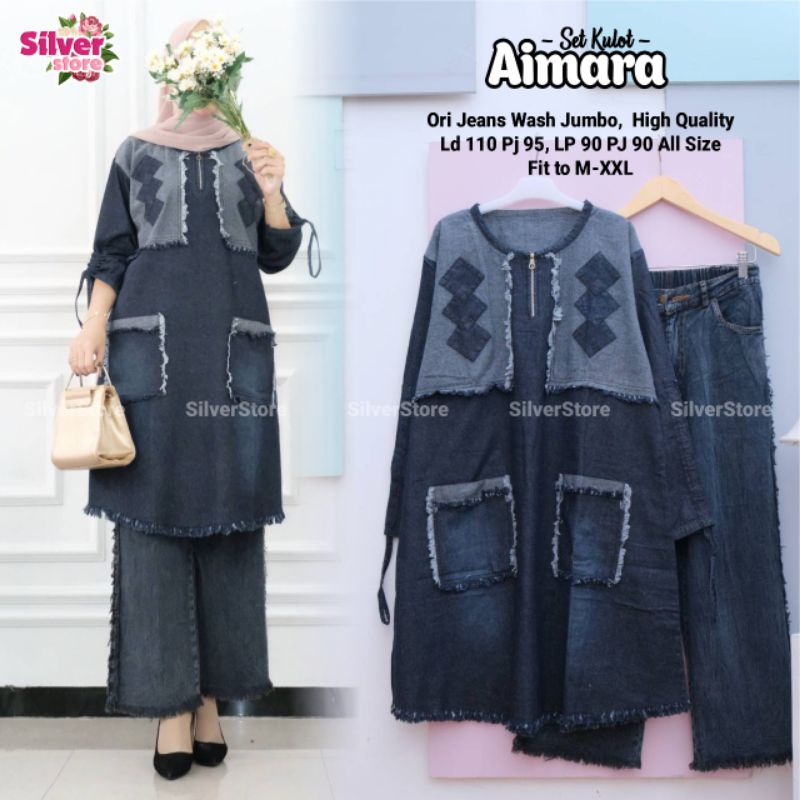 Aimara Set Kulot By SILVER STORE • Setelan Jeans Wanita • Atasan Blouse Tunik Kulot Celana Panjang J