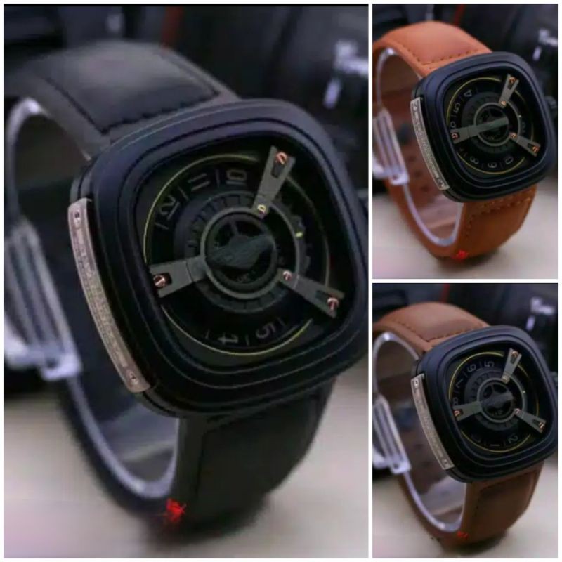 Jam Tangan Pria Fashion Sporty Kotak M2 Analog Kulit Case Black