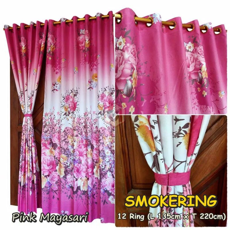 Gorden pintu-jendela 12 ring motif bunga pink