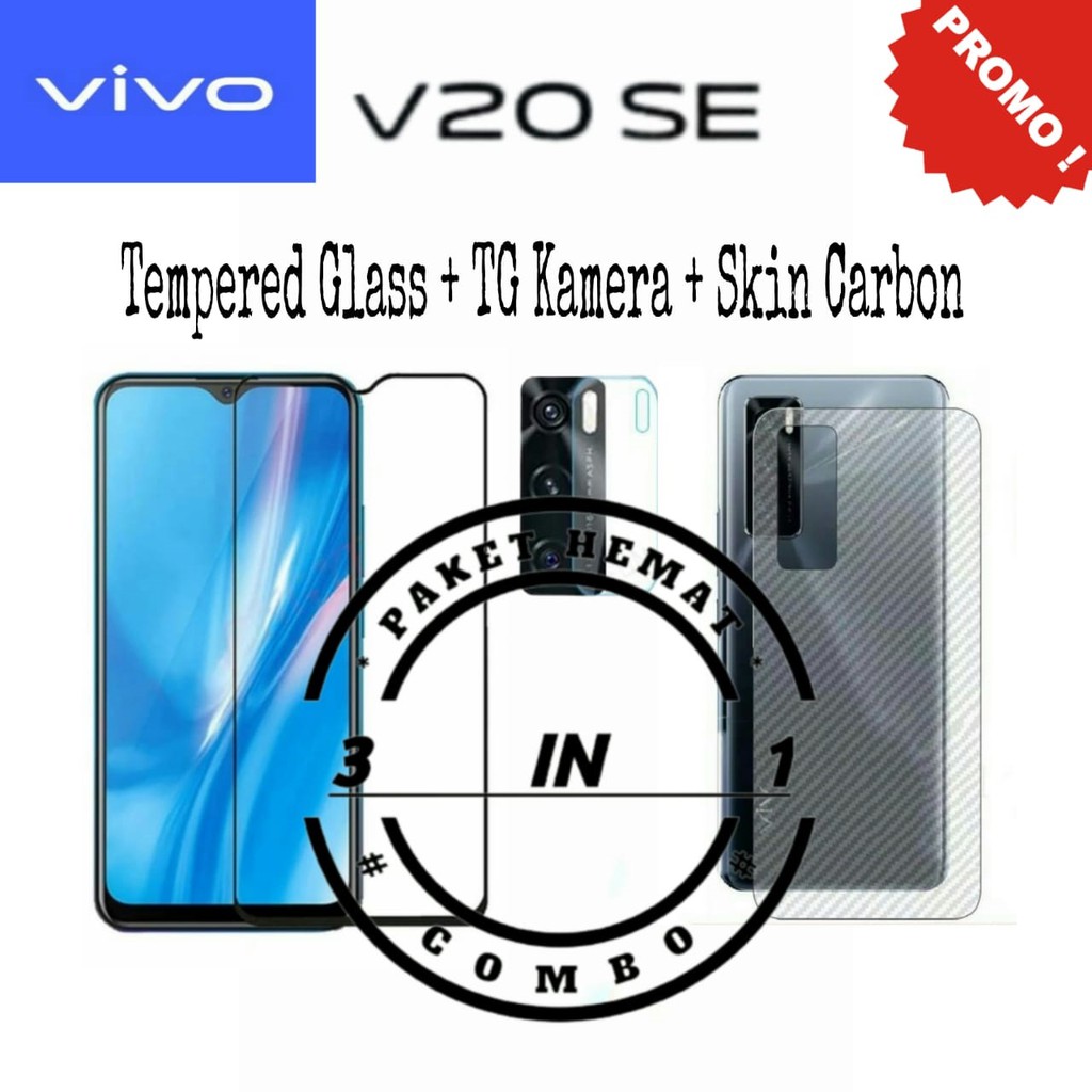 PROMO COMBO Paket 3 IN 1 VIVO V20SE  Tempered Glass Warna Dan Pelindung Kamera FREE Garskin Carbon