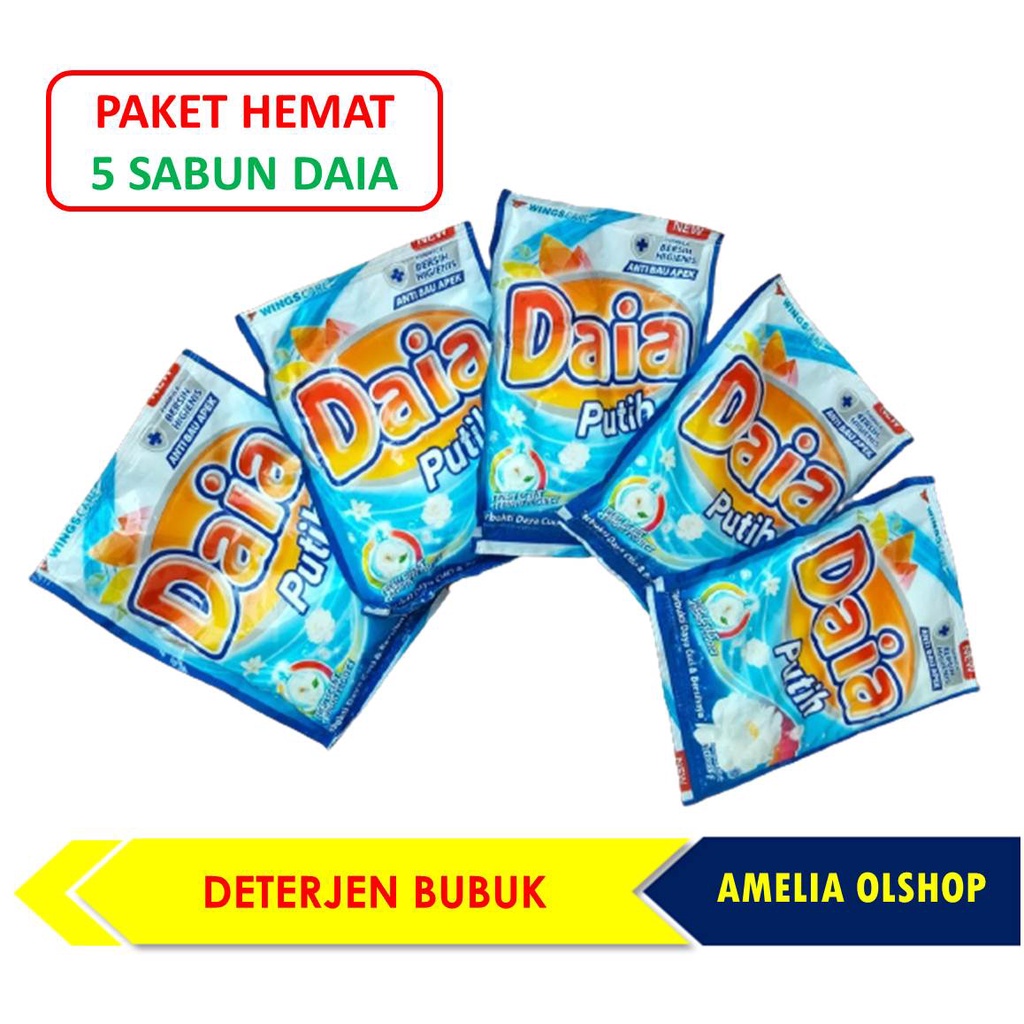 DAIA Paket Hemat 5 Daia Deterjen Bubuk Daya Powder Detergen Wings Care Anti Bau Apek Sabun Cuci 53 G