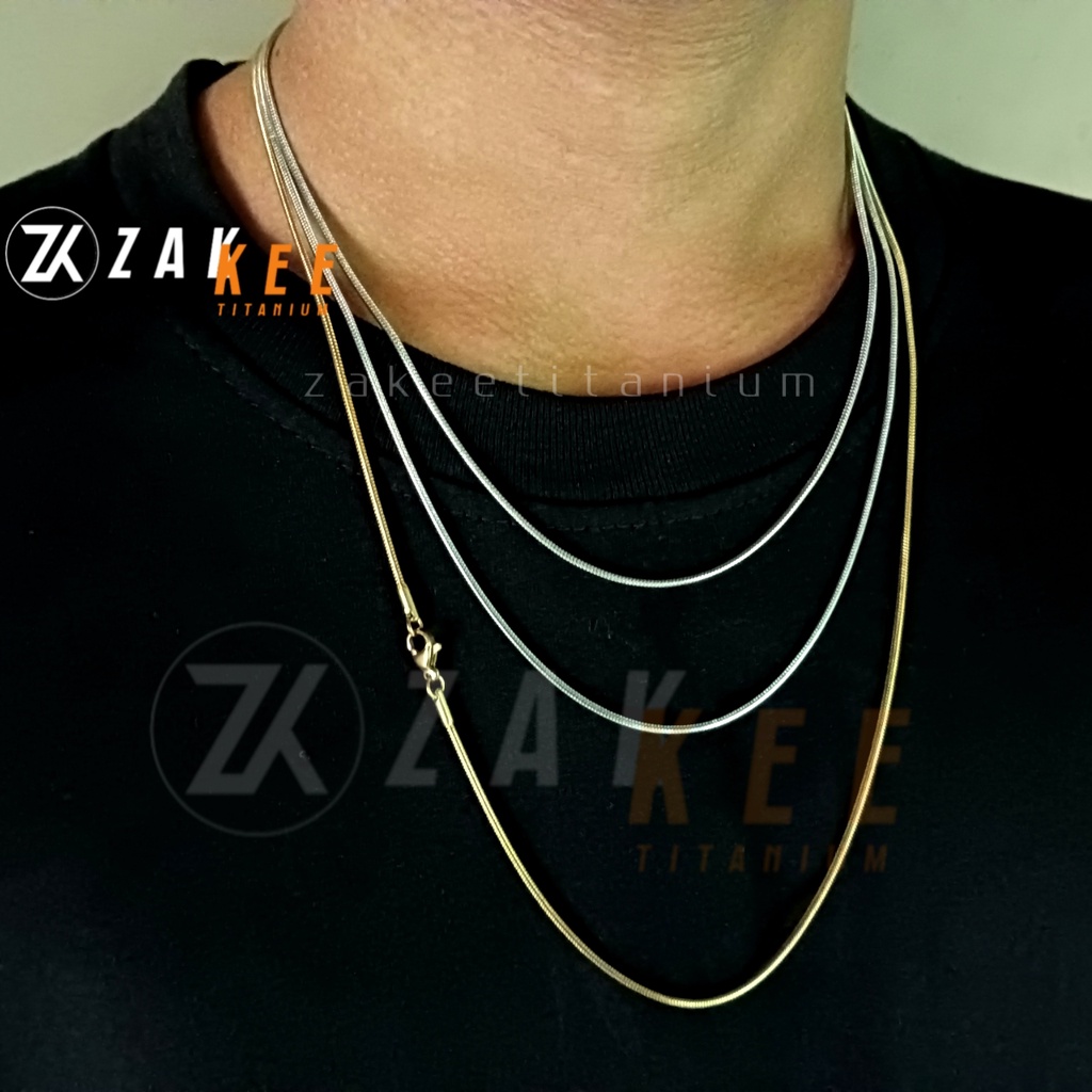 Kalung Titanium Pria Wanita Anti Karat Cowok Cewek Silver Perak Emas Putih Asli Kalung Bulat Panjang 45cm 50cm 60cm