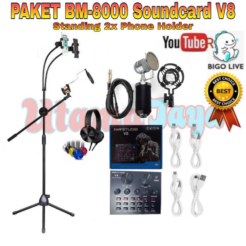 Paket Microphone BM8000 Soundcard V8 Bluetooth Stand Berdiri Standing Holder Tripod 2 x phone Holder