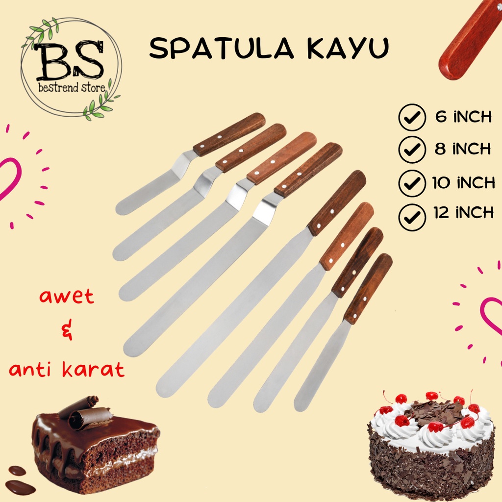 Spatula Buttercream Kue Stainless Gagang Kayu Lurus 6 8 10 12 Inch