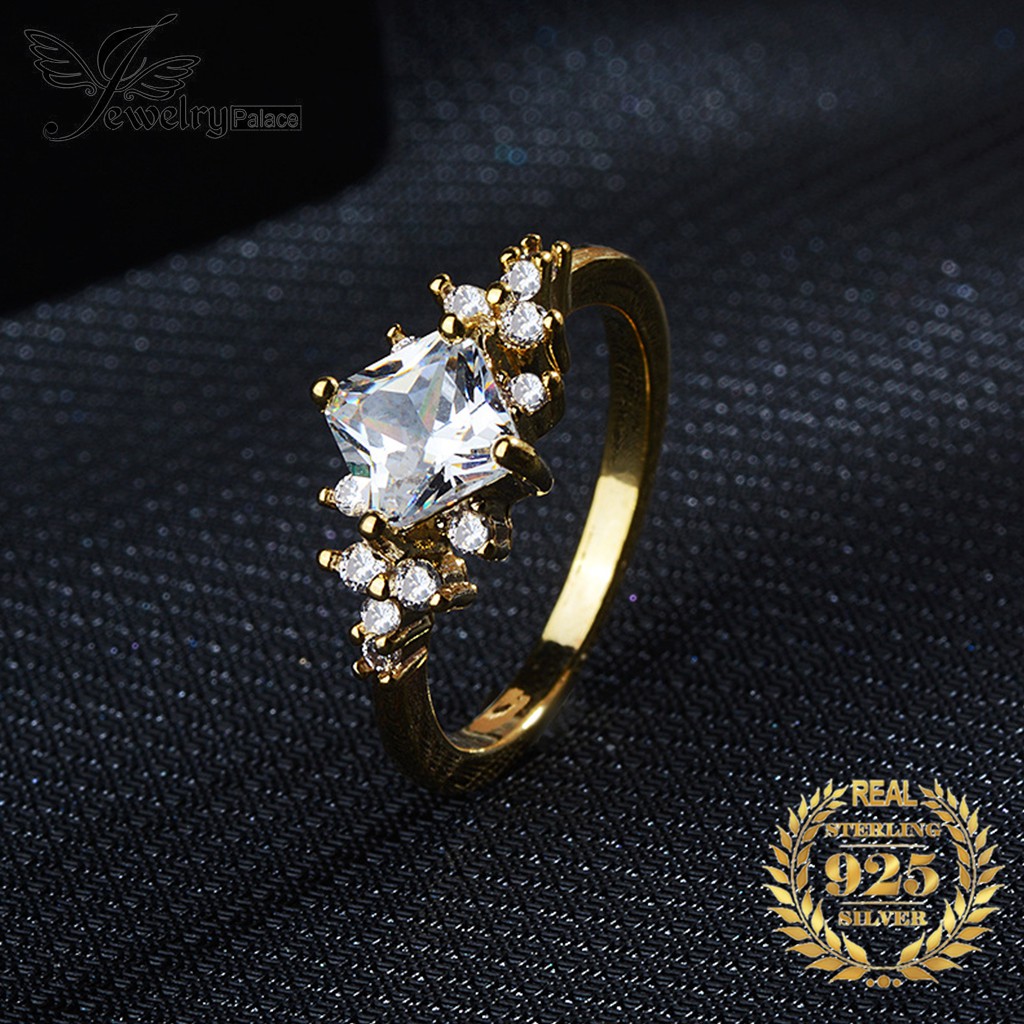 Cincin Perak 925 Asli Cincin Perak untuk WANITA 14K Emas Square Diamond Pernikahan Cincin Fashion Aksesoris Perhiasan