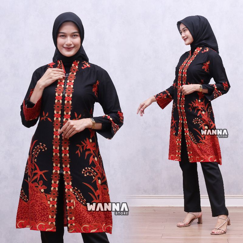 TUNIK BATIK PREMIUM ELEGAN ATASAN WANITA TERBARU ZIPPER DEPAN