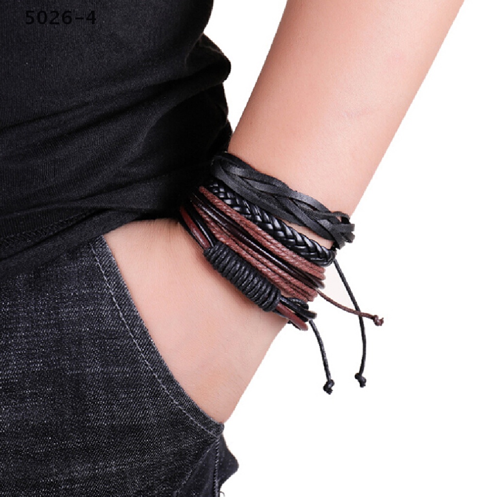 5026-4 4PCS Gelang Tangan Strap Kulit Kepang Handmade Untuk Pria