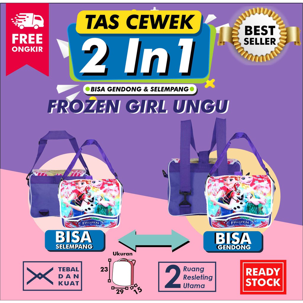 Tas Anak Frozen Ungu Cantik 2in1 Selempang Gendong Tas Sekolah PAUD TK Hangout Perempuan Murah