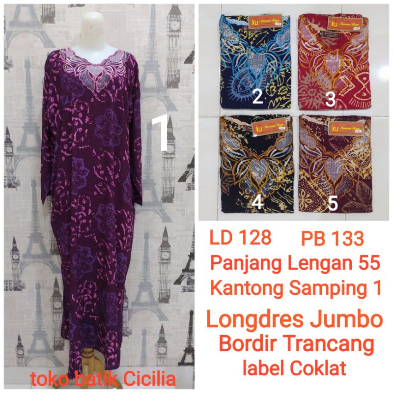 Longdres Jumbo Bordir Trancang Kencana Ungu label Coklat