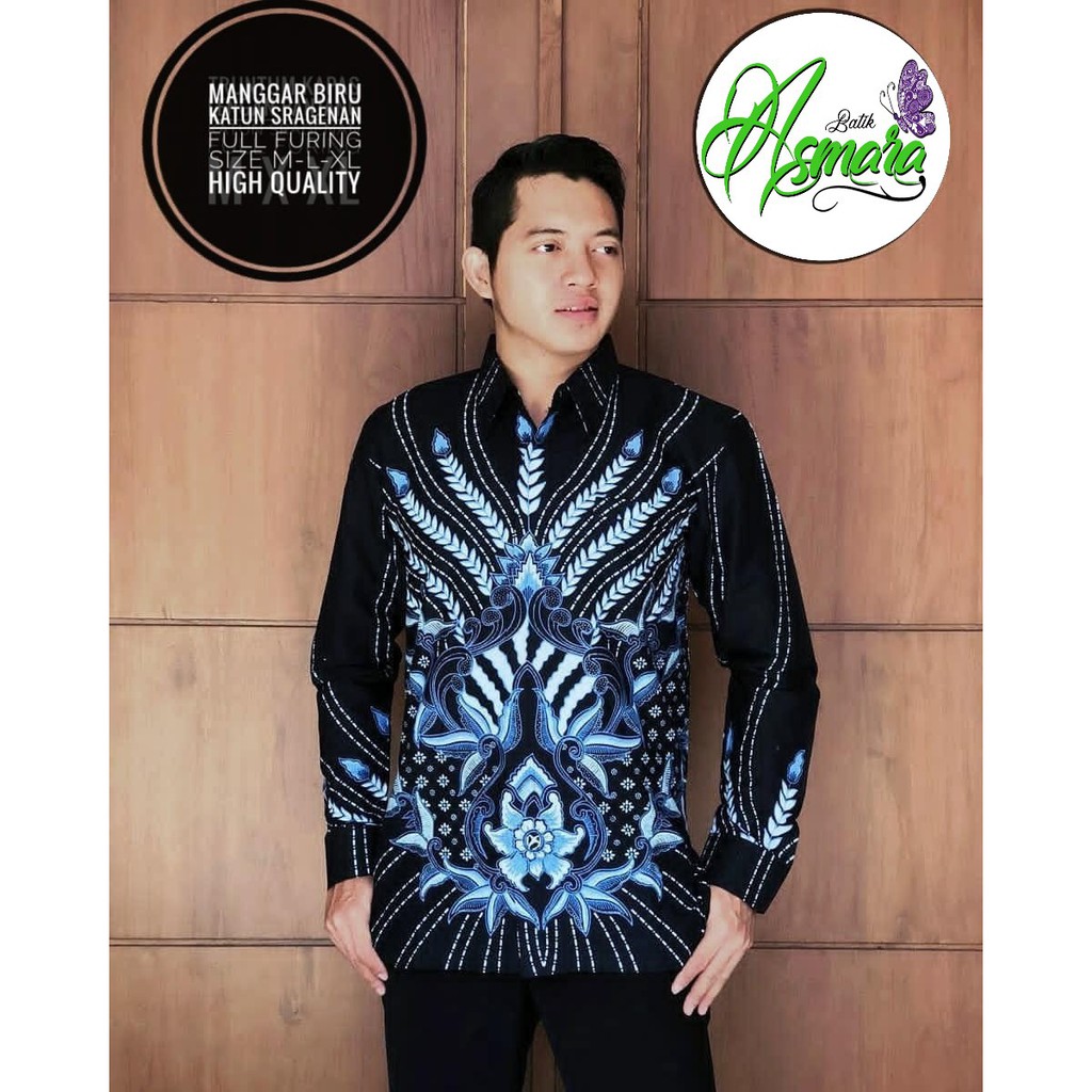 MANGGAR BIRU ASMARA BATIKSOLOAMANAH KEMEJA BAJU BATIK PRIA SOLO LENGAN PANJANG PENDEK LAPIS FURING ATASAN BATIK PREMIUM MODERN KATUN HALUS SUJIWO KLASIK MAJALAYA AKAR PUTIH KAWUNG SEJAGAT PANCASONA BIRU TIRTA KUNING TIRTA MERAH BAGASWARA MERAH PAKU