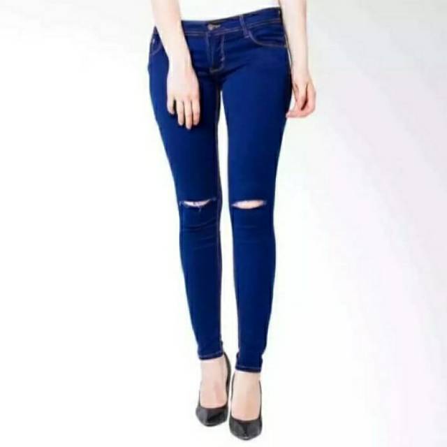 Celana jeans wanita sobek lutut pensil strecth (ngaret) size 27-34