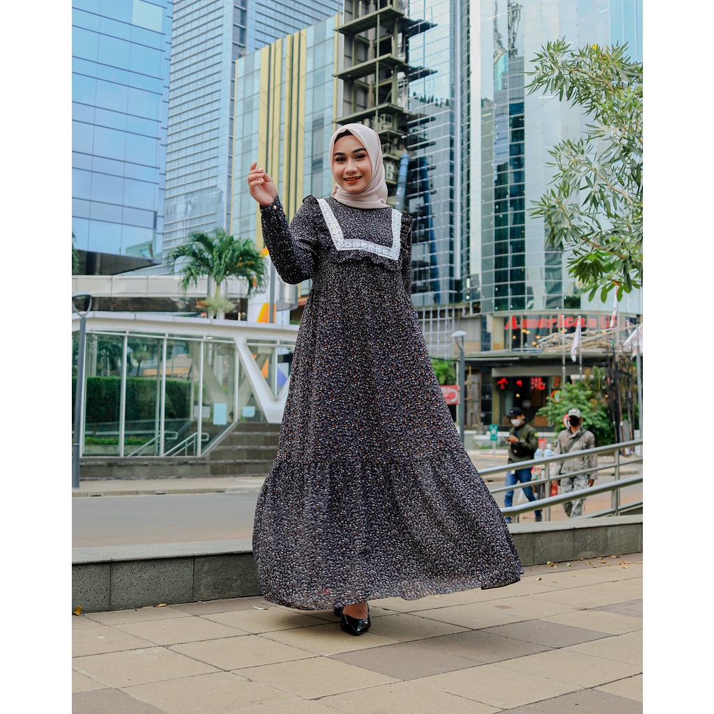Nura Collection Official - Nuriel Shop - Baju Gamis Wanita Terbaru - Gamis Bahan Ceruty - Laluna-HITAM VOL 2