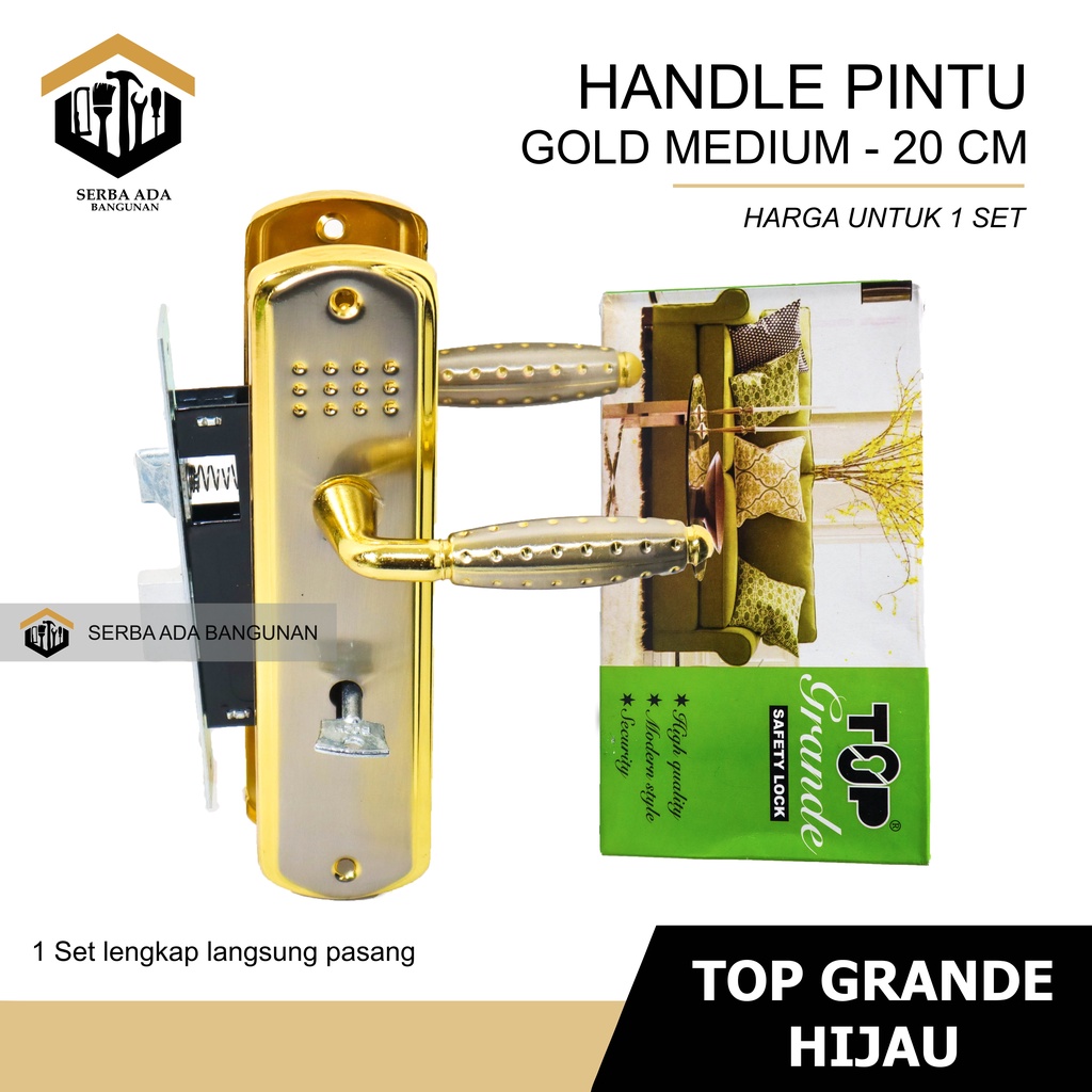 Kunci Pintu Top  GRANDE HIJAU Set Komplit Silver | 20CM | Gagang Kotak NON SILINDER  Handle Kunci Medium 20 cm  Pintu Rumah full Set Silinder Kunci Komplit Bagus Murah