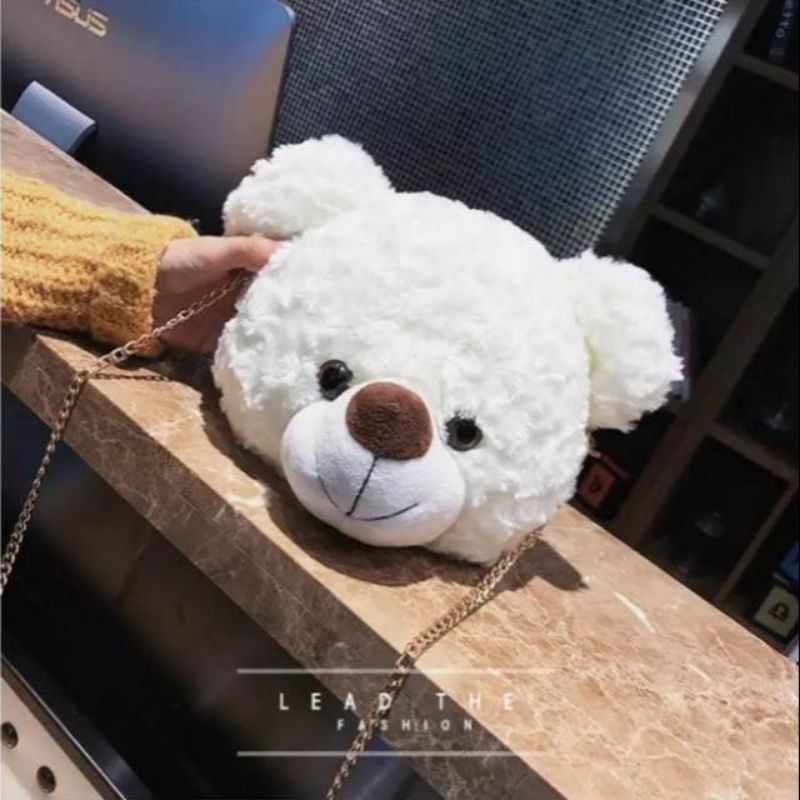 Tas Selempang Rante Beruang Bulu Curly Velveteen Tas Bahu Wanita Boneka Kepala Teddy Bear - TK33