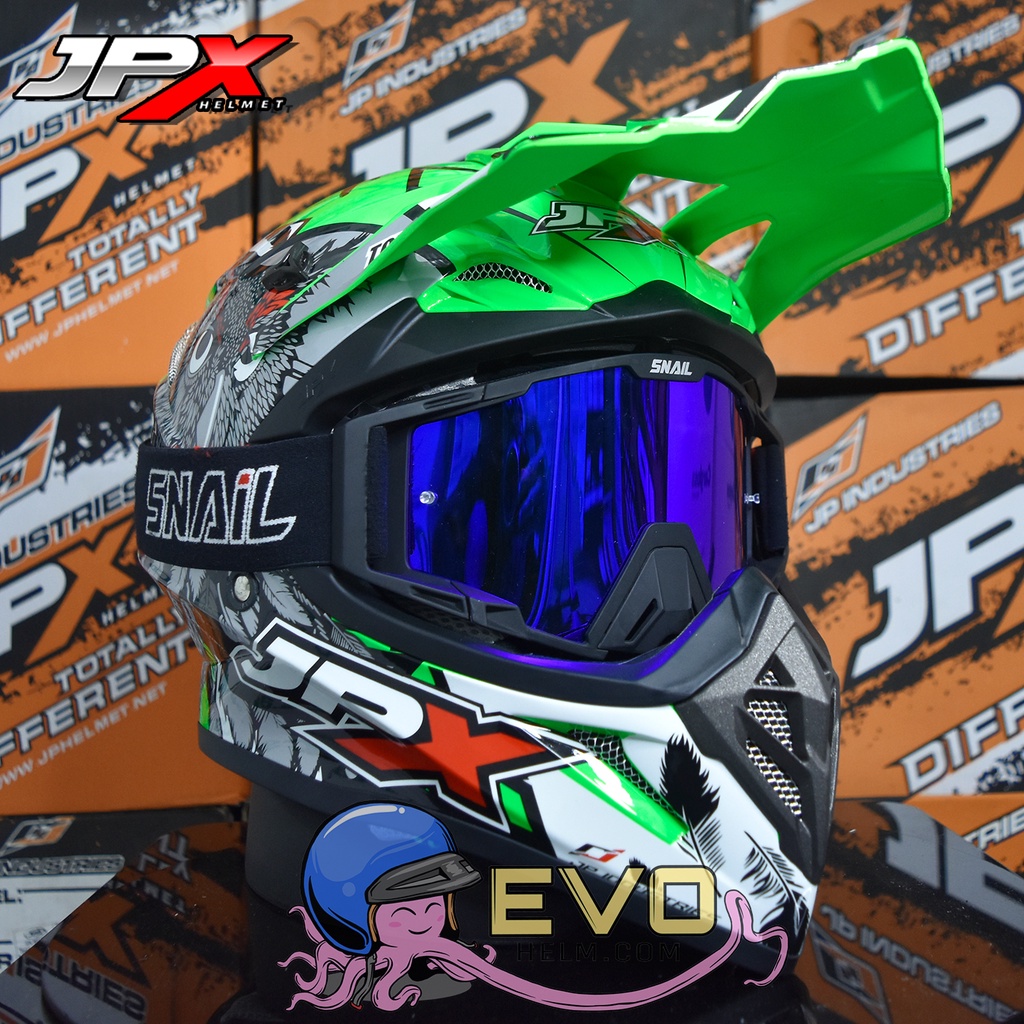 HELM JPX CROSS_FOX1 SERI X13 - FLUO GREEN GLOSS + GOOGLE SNAIL (ONGKIR 2 KG) JPX X13 OWL GREEN ORIGINAL HELM CROSS JPX MOTIF BURUNG HANTU JPX HIJAU