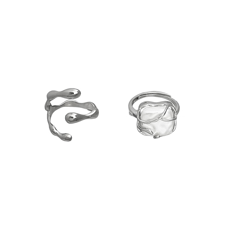 2pcs / Set Cincin Mutiara Irregular Warna Silver Untuk Wanita