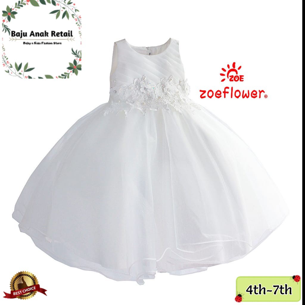 Dress Anak Perempuan Impor Zoe  Gaun Motif Polos Mutiara Baju Pesta Bahan Tile