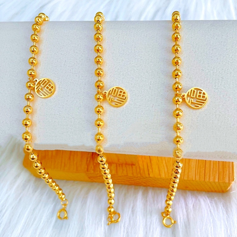 Gelang Titanium Wanita Anti Karat Manik 'Fu' Keberuntungan Emas 18K Perhiasan Korea