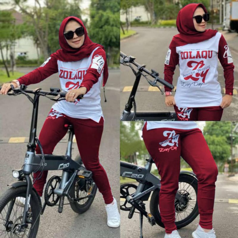 ELDE 12 - (SIZE L , XL , XXL - 3XL) SET ZOLAQU BIKE GOWES SETELAN WANITA BHN BABYTERY APLIKASI SABLON + LEG PJ 95 , STELAN OLAHRAGA MUSLIMAH / STELAN TRAINING / STELAN SERAGAM OLAHRAGA / ZUMBA DANCE