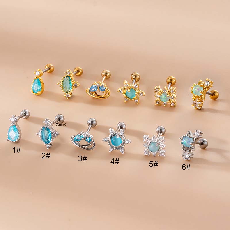 1pc Anting Tindik Bahan Steel Hias Zircon Biru 20Gauge Untuk Wanita