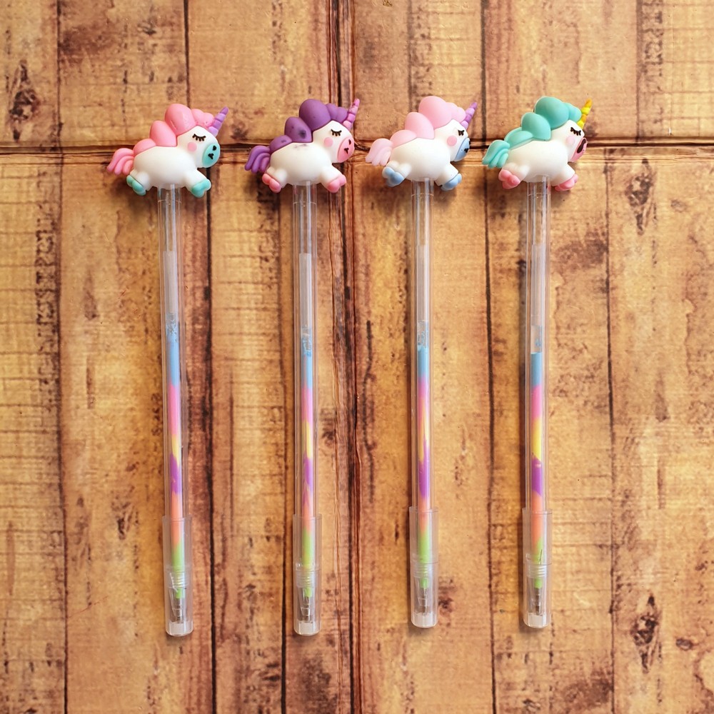 Pen Unik isi 4 Pcs - Pulpen Pelangi 296 - Gelpen Rainbow Unicorn - Pen Gel Warna Warni Unicorn