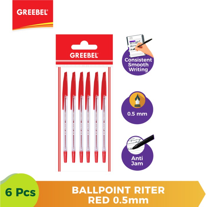 Ballpen Merah Pulpen Greebel Ballpoint Riter0.5 Red - 6pcs.