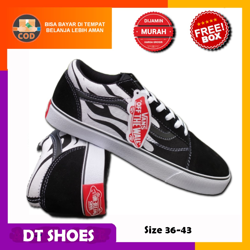 Sepatu Vans Pria  Kasual Old Skool Style 36 SF Flame Black White Lidah Api Hitam Termurah