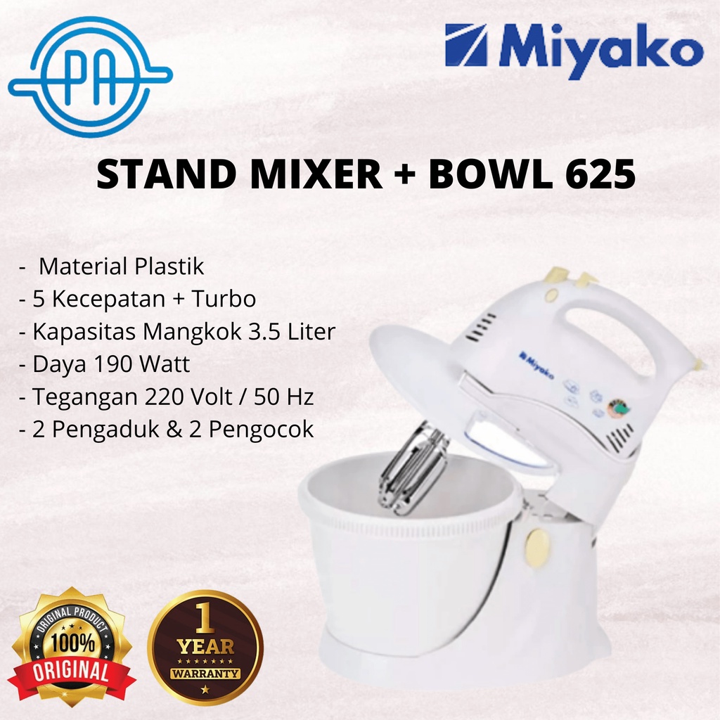 MIXER DUDUK STAND MIXER MIYAKO 625 WITH 2 BEATER &amp; 2 DOUGH HOOKS
