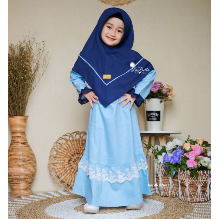 GAMIS ANAK 10 TAHUN  SET JILBAB GAMIS FULL KATUN JEPANG POLKA SIMPEL LABELLA BIRU POLKADOT