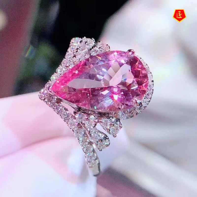 [Ready Stock]Luxury Crown Pink Tourmaline Colored Gems Open Ring