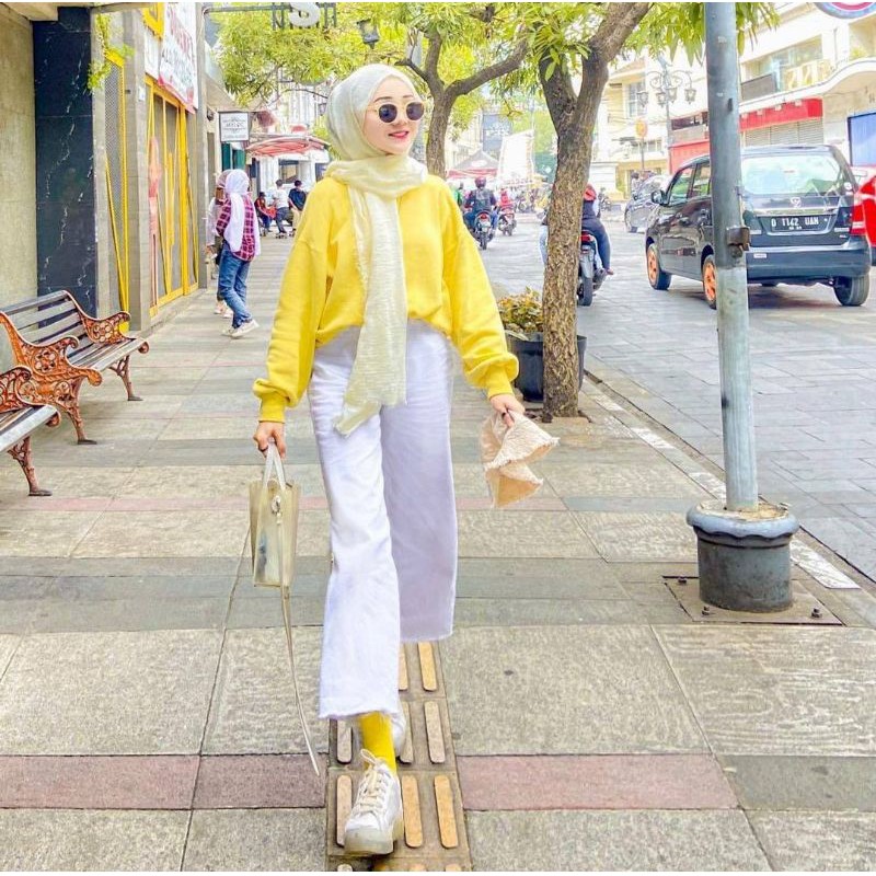 Boyfriend Kulot Jeans Putih Rawis Wanita Highwaist Jeans Bahan Tebal