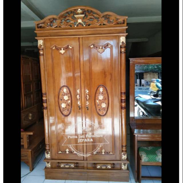 Lemari pakaian jati 2 pintu Almari ukir minimalis Jepara Promo