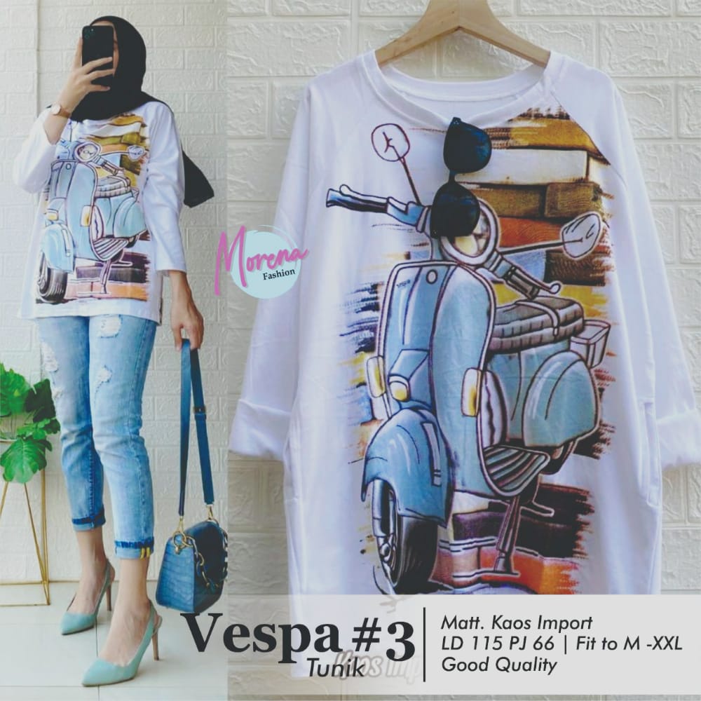 VESPA TUNIC/ATASAN WANITA PANJANG/TUNIC JUMBO GAMBAR VESPA/BAHAN KAOS IMPORT LD 120 CM/HIGH QUALITY