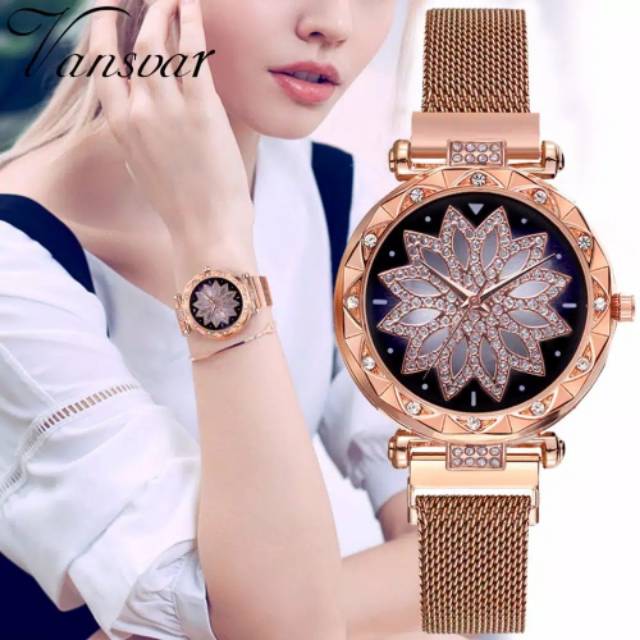 Jam Tangan Wanita Magnetik Diamond Bunga Case Hitam Gold CC-12