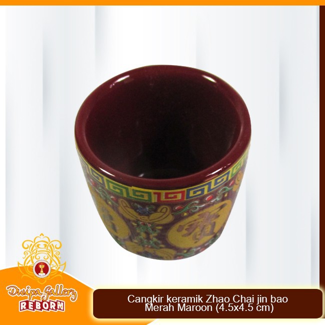 Cangkir keramik Zhao Chai Jin Bao merah maroon (4.5x4.5 cm)
