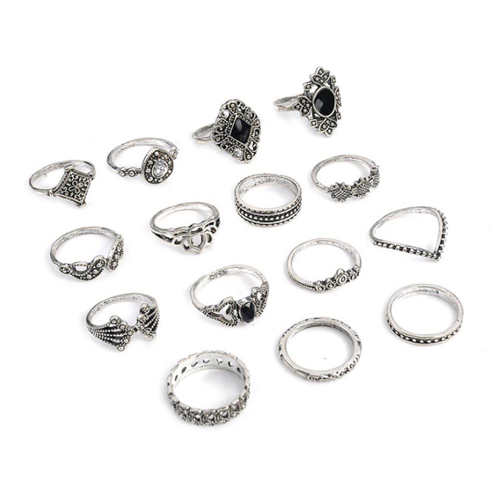 Lily 15PCS/Set Cincin Set Fashion Bintang Vintage Perak Aksesoris Tangan