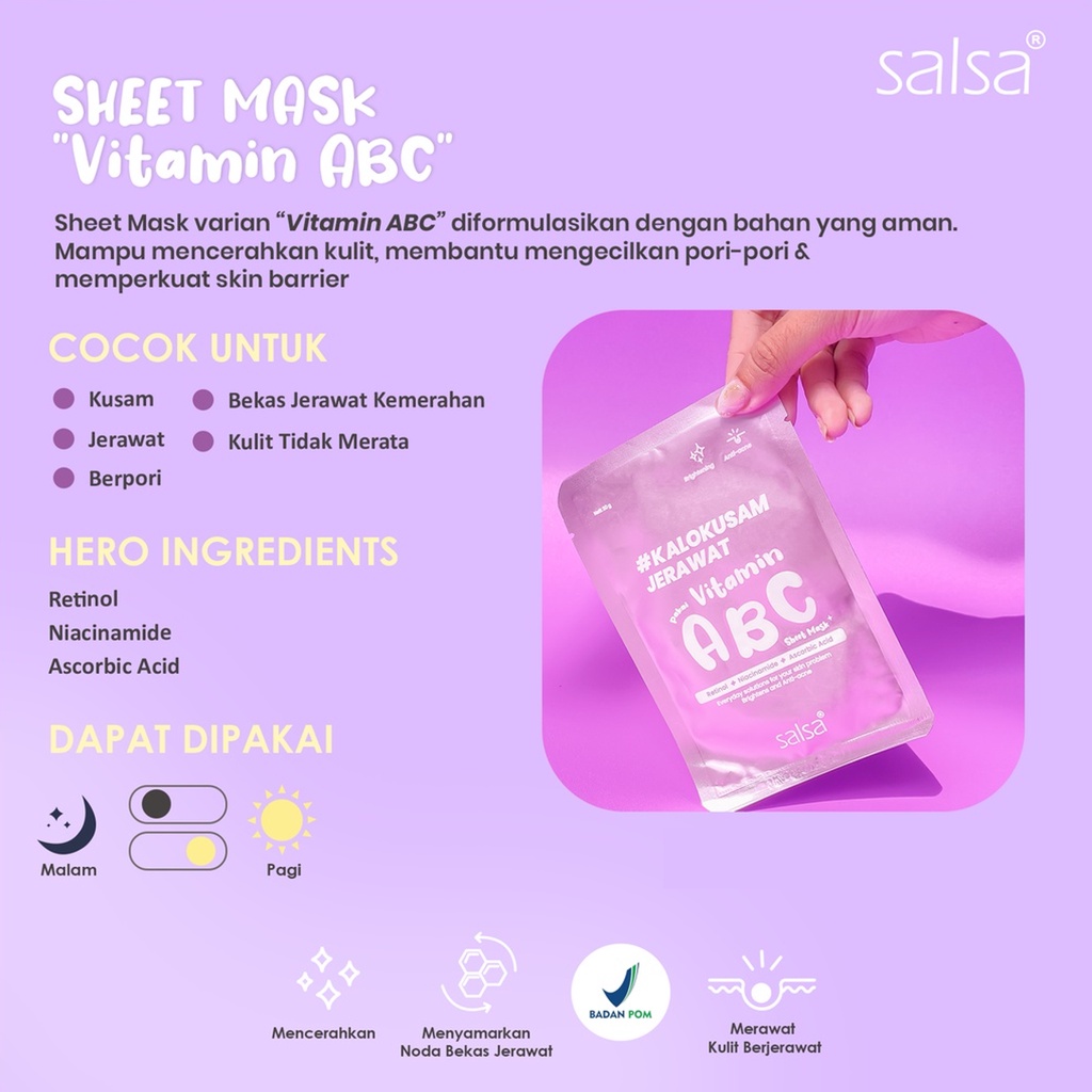 Salsa Sheet Mask 20gr | Masker Wajah Salsa Vitamin ABC, Snailed it, Hyaluronic | BPOM